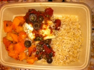 fish with Mediterranean sauce, butternut squash, and a TON of brown rice.